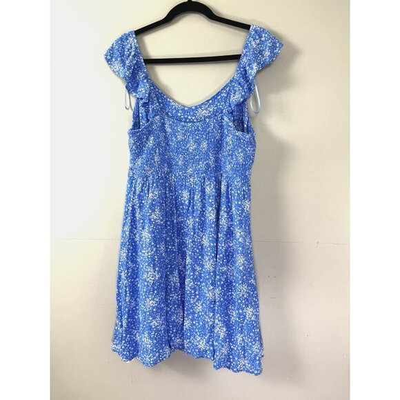 Womens XL Blue Floral Smocked Cottagecore Ruffle Strap Button Front Dress Fairy - Picture 2 of 9
